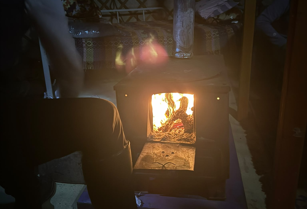 A warm fire in a small stove