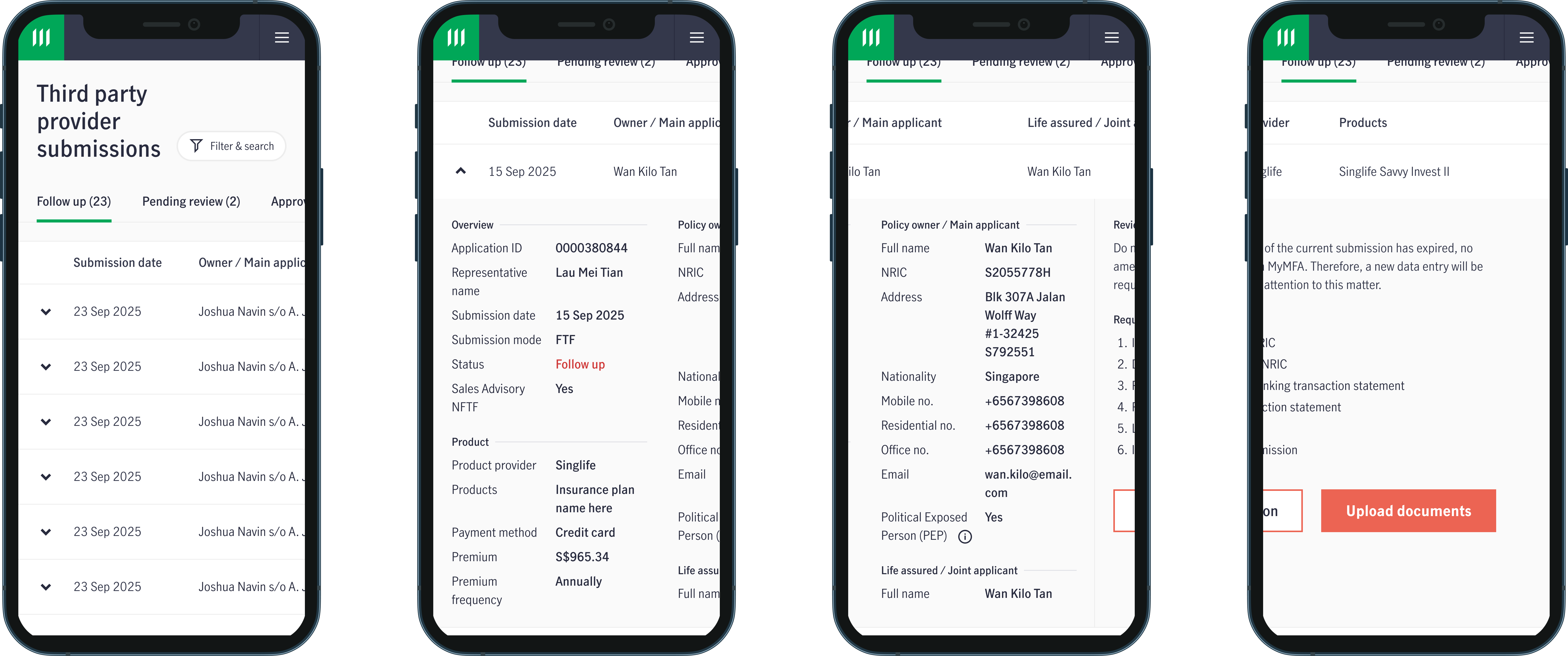 Mobile dashboard showing new business submissions, case details, and follow-up actions