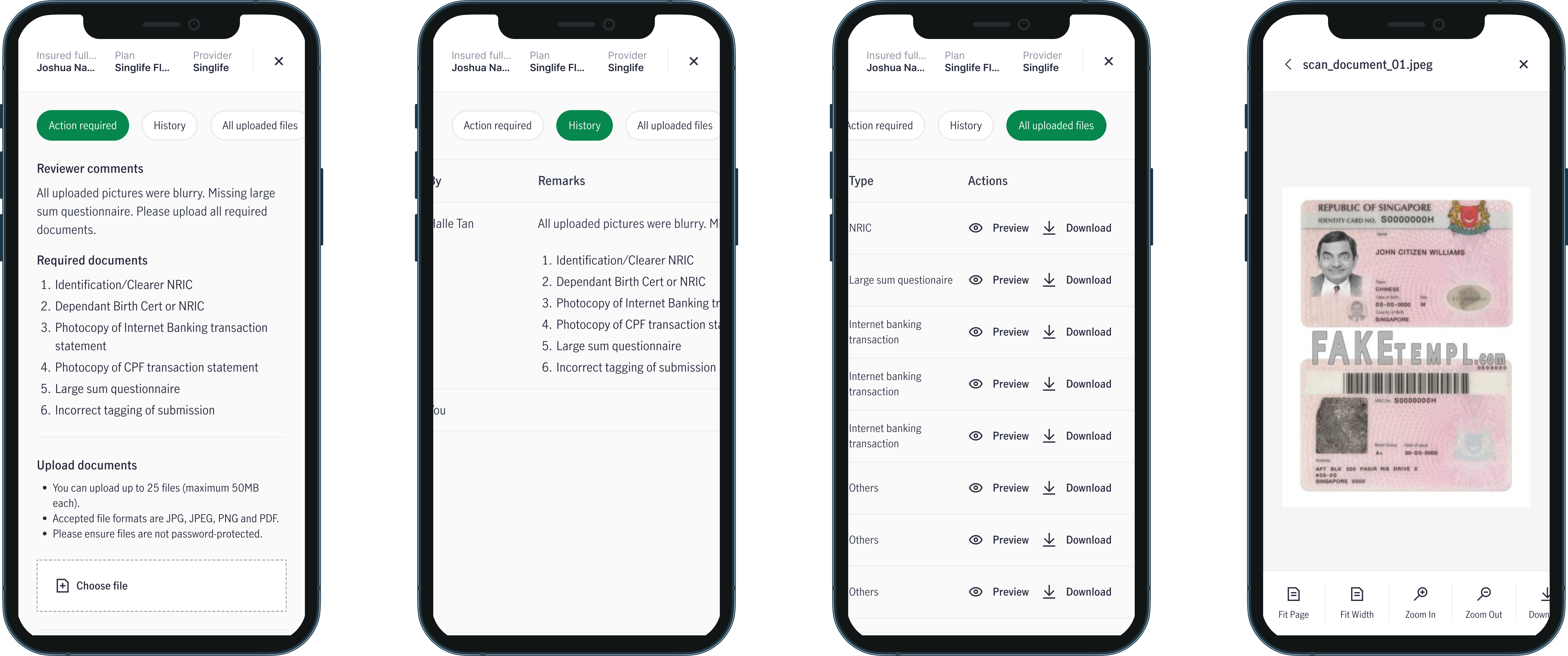 Mobile follow-up screens showing required actions, case history, uploaded files, and document preview
