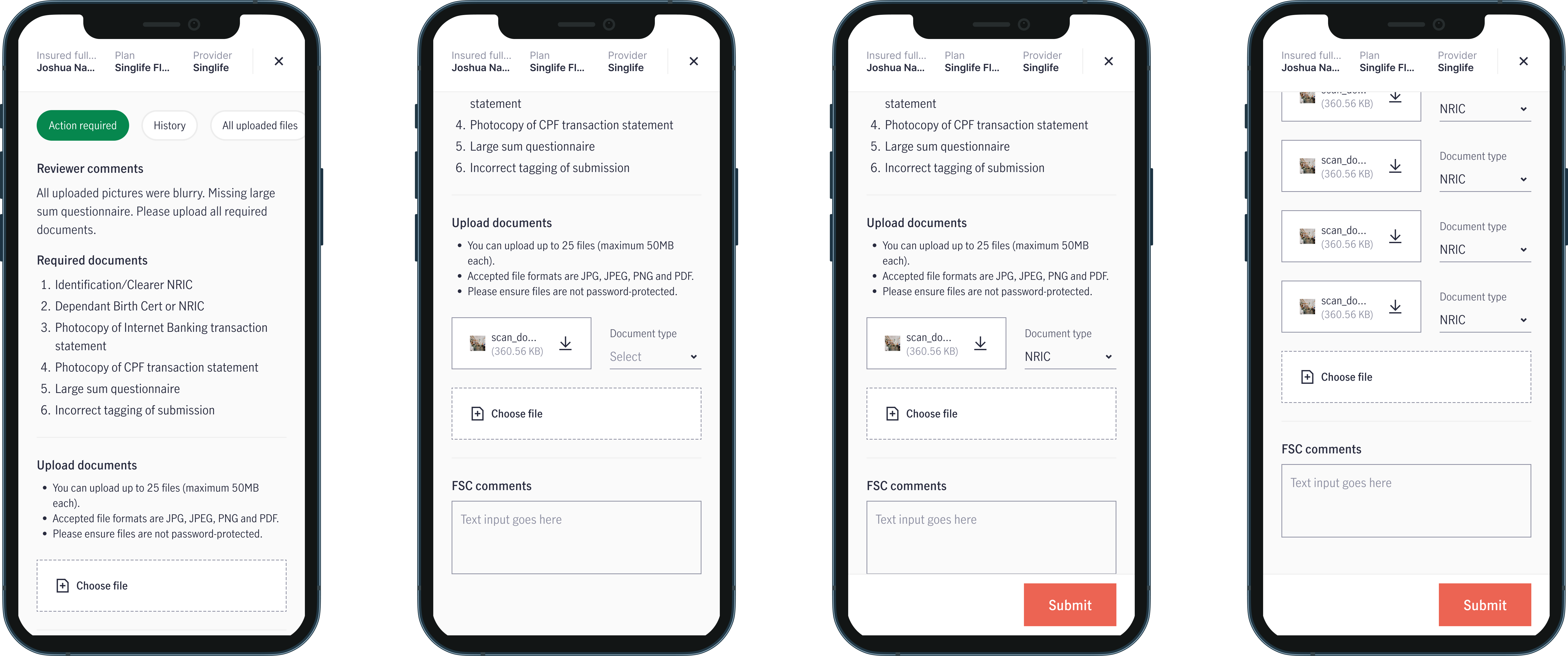 Mobile document upload flow with document types, adviser comments, and submission