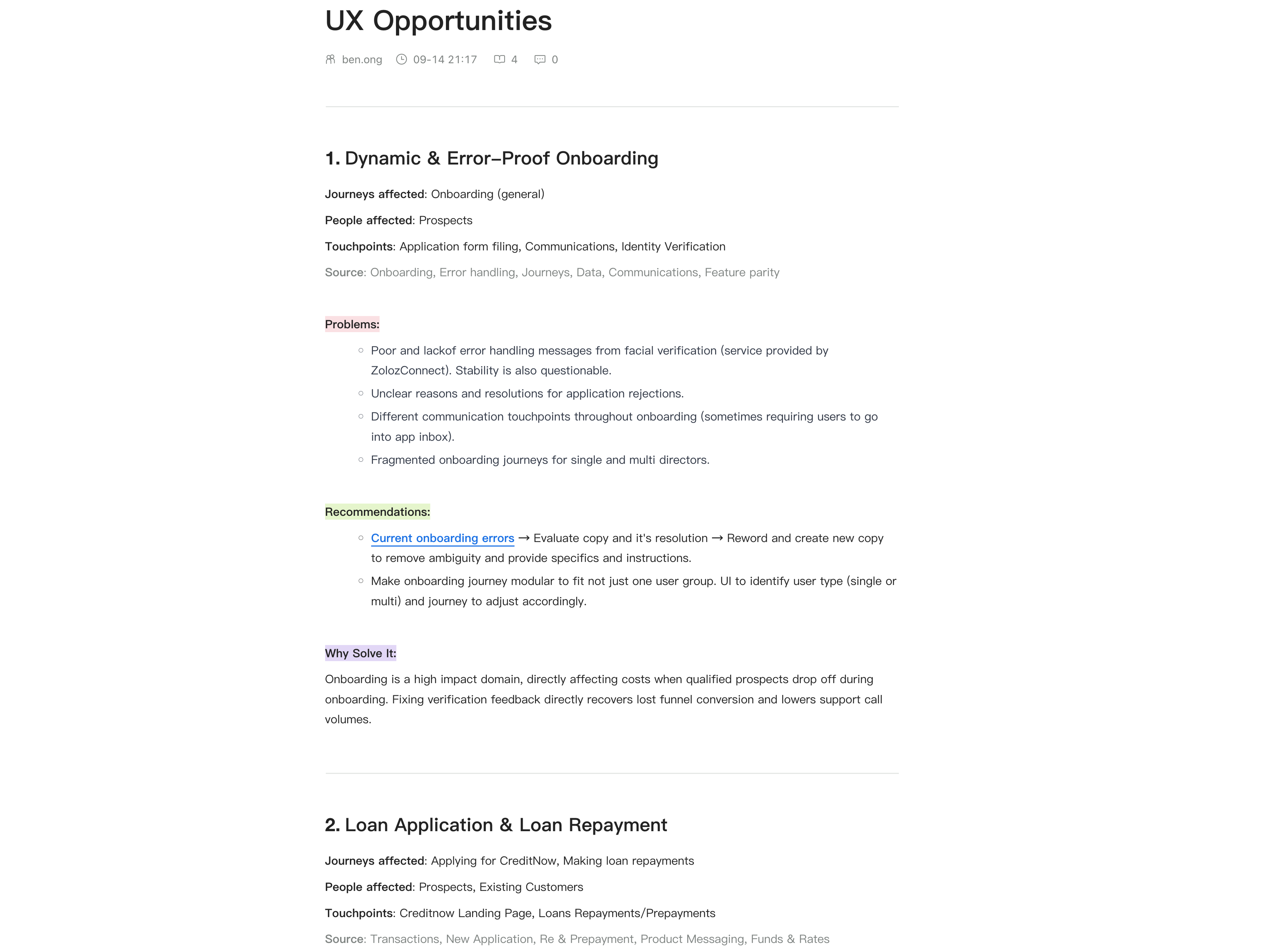 UX opportunities summary with problems and recommendations